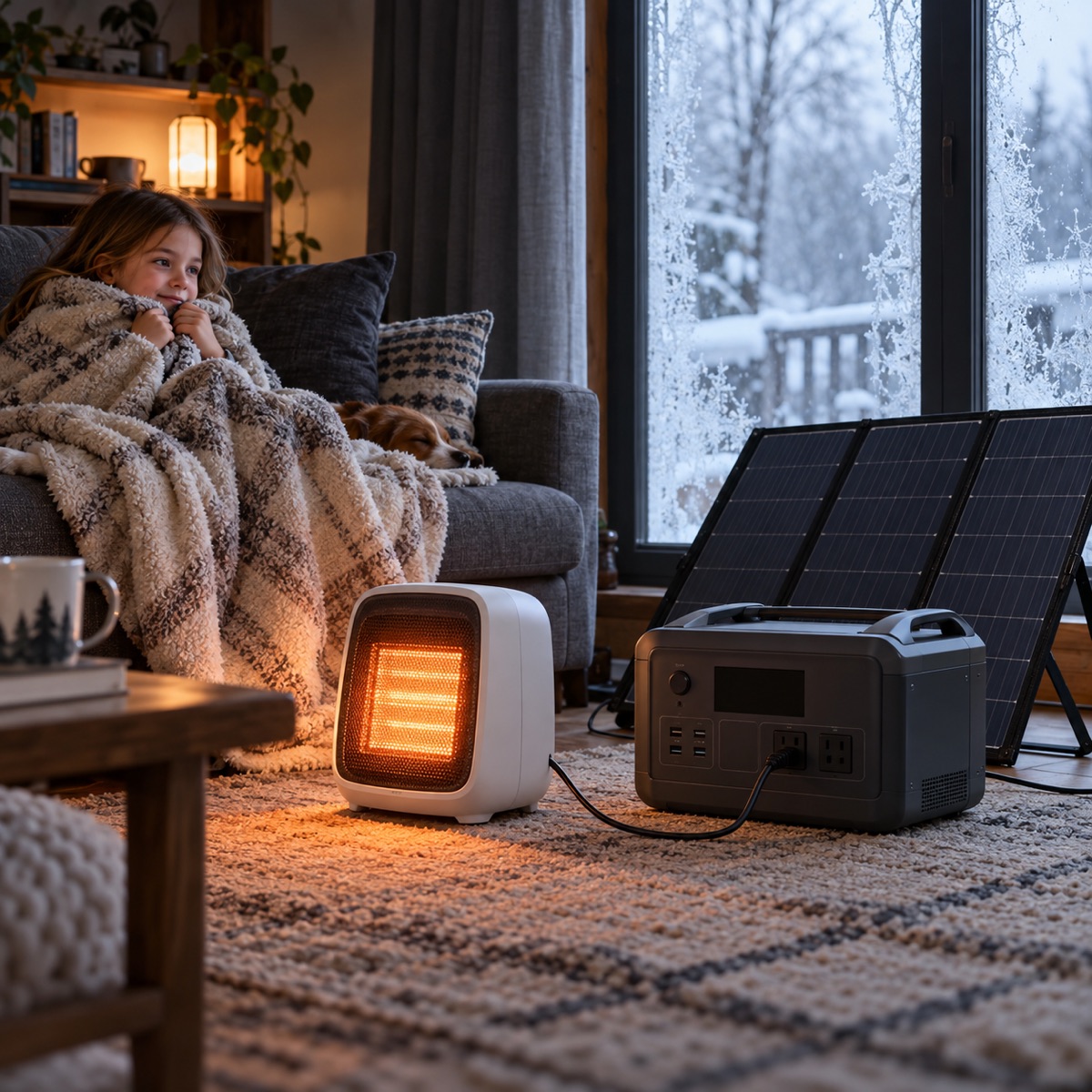 Compact ceramic heater running from the power station in a cold living room