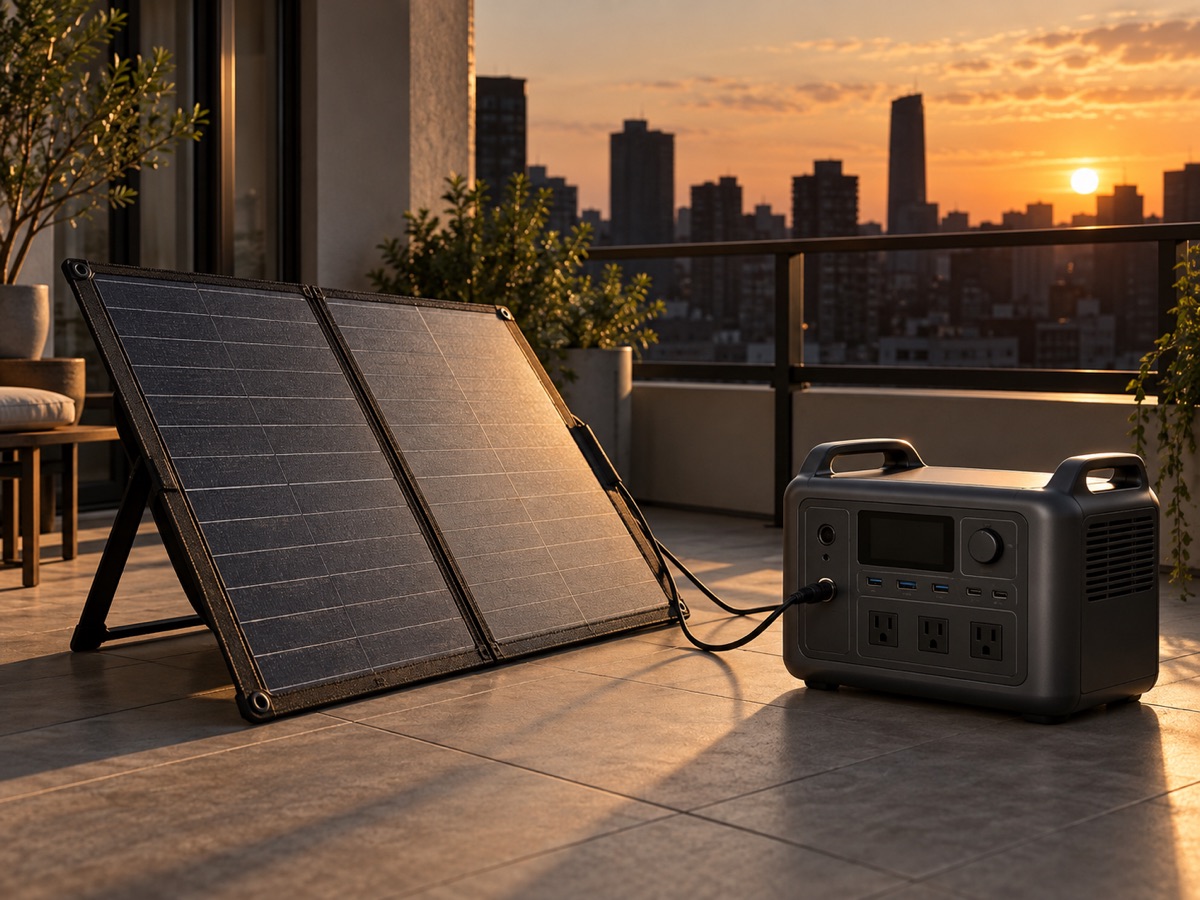 Power station charging from the solar panel on a balcony at sunset