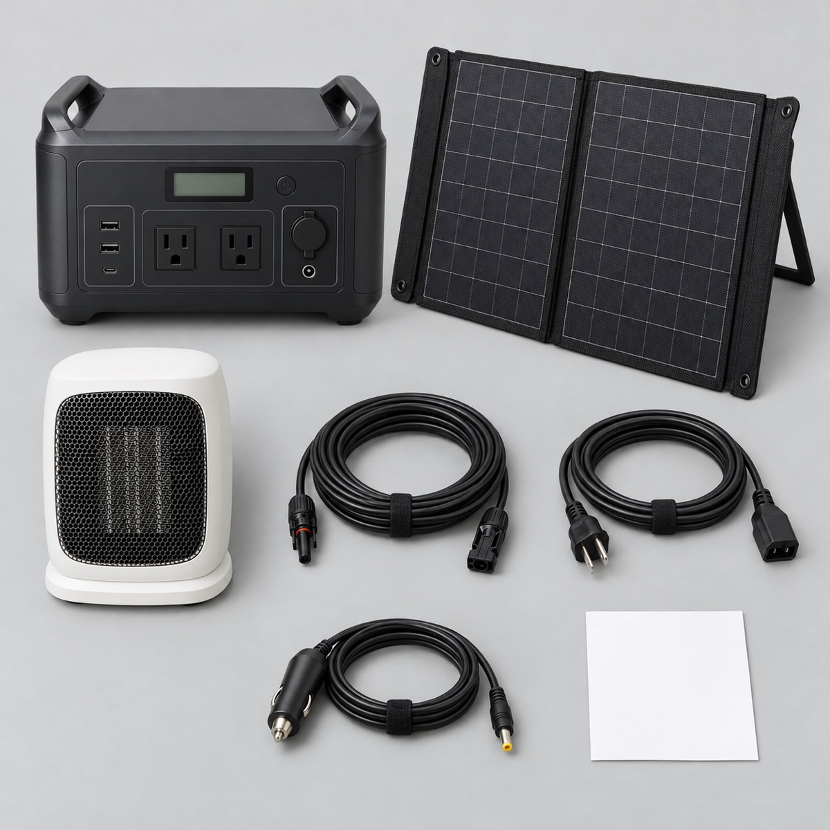 Everything in the box: power station, folding solar panel, cables, optional heater