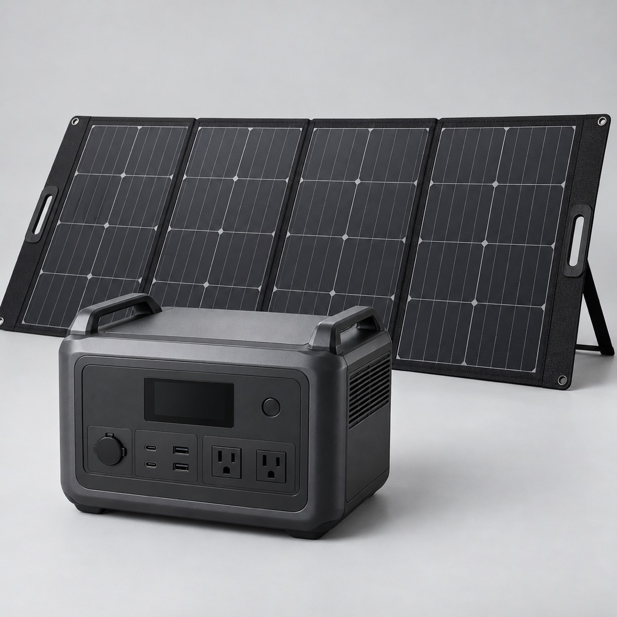 Reserve Kit 1000 power station in front of the unfolded 200 W solar panel